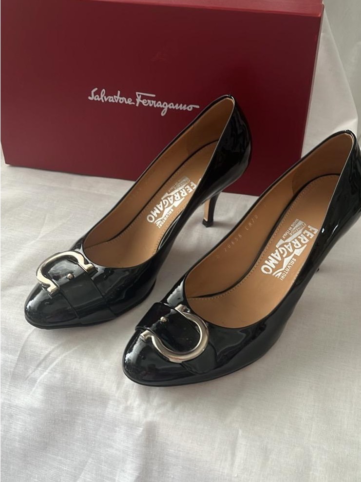Salvatore Ferragamo Black Patent Leather Heeled Pumps With Silver Buckle
